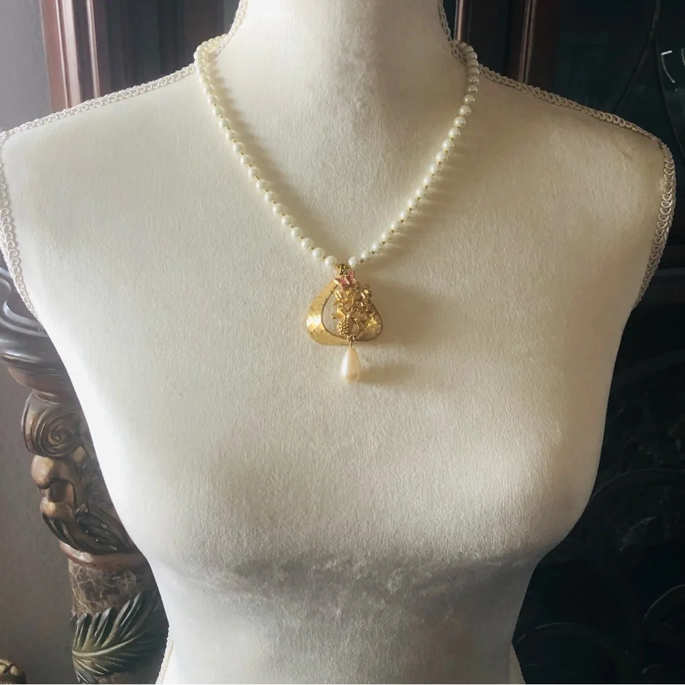 Handcrafted repurpose hammered gold floral pendant Czech glass Pearl necklace